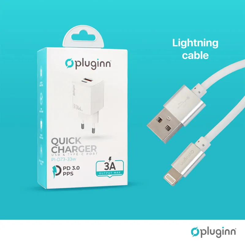 Kućni punjač Pluginn PI-D73-33w/ QC3.0 PD3.0/ PPS/ USB-PD 20W+33W/ 53W (total) sa kablom USB na iPhone Lightning beli