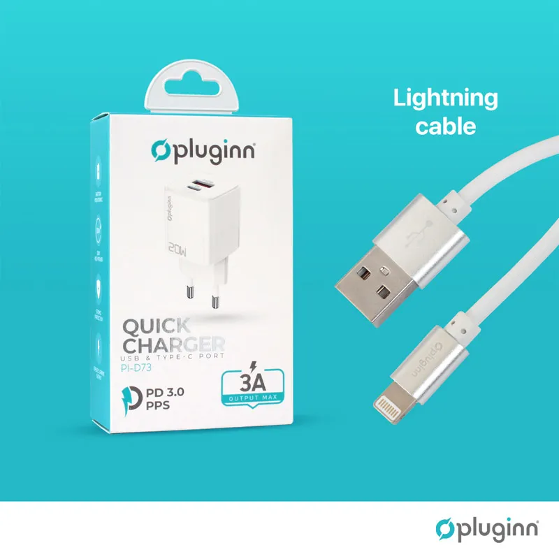 Kućni punjač Pluginn PI-D73/ QC3.0 PD3.0/ PPS/ USB-PD 18W+20W/ 38W (total) sa kablom Type-C na iPhone Lightning beli