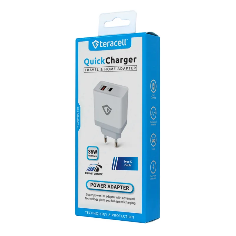 Kućni punjač Teracell Evolution TC-04/ QC PD/ USB-PD 18W+18W/ 36W (total) sa Type C kablom beli CE