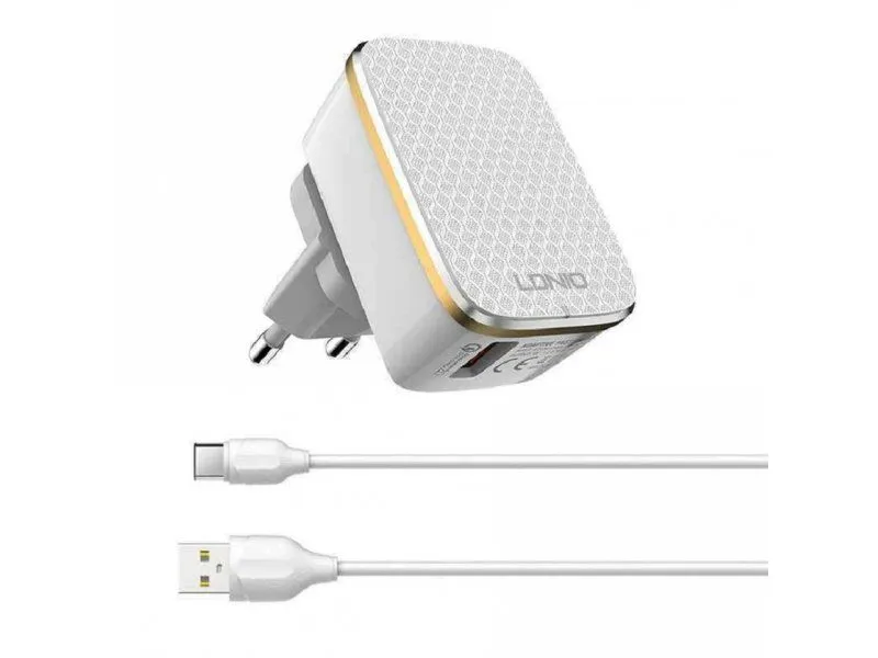 LDNIO Kućni punjač sa Tip C kablom A1204Q QC3.0 USB, bela