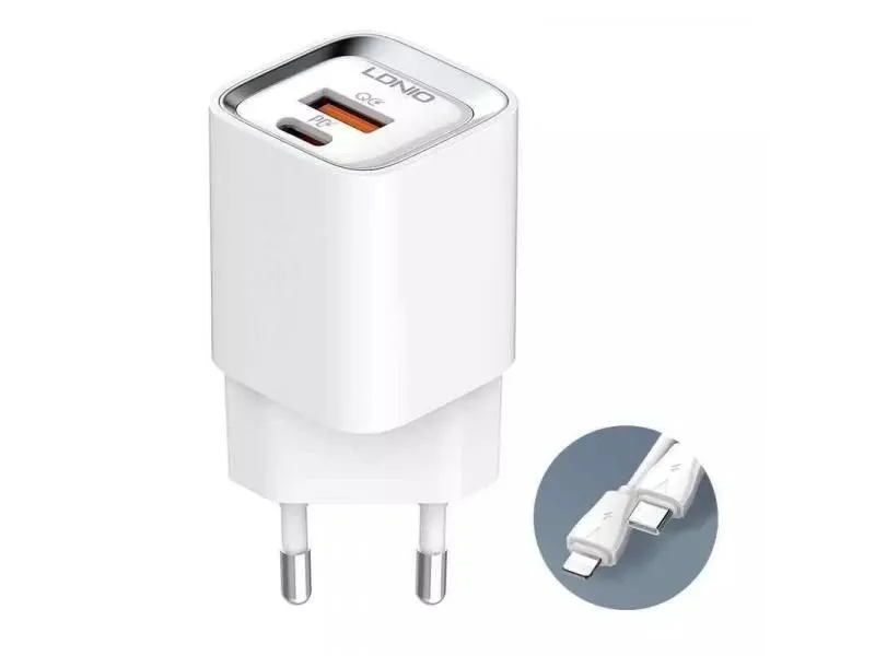 Kucni punjac LDNIO A2317C, 3.6A, QC3.0 18W, PD 30W sa Type C na Iphone lightning kablom beli