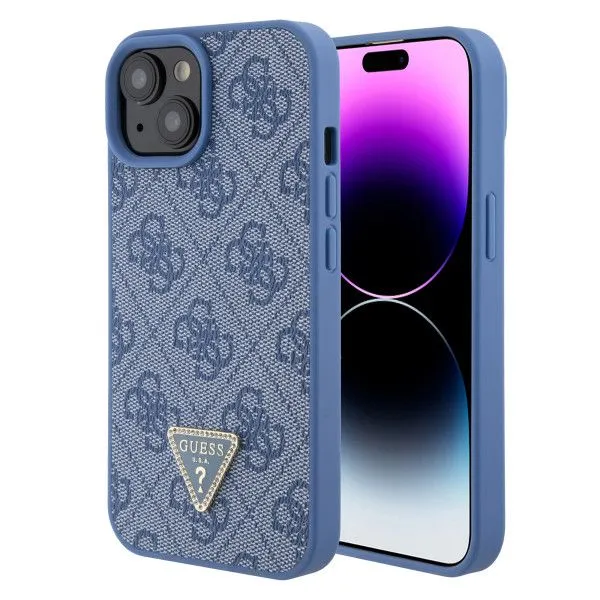 LICENSED GUESS GUESS Maska za iPhone 15 LEATHER 4G TRIANGLE STRASS/ plava