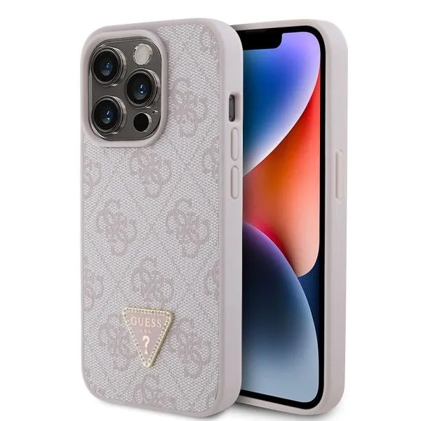 LICENSED GUESS GUESS maska za iPhone 15 Pro LEATHER 4G TRIANGLE STRASS/ roza