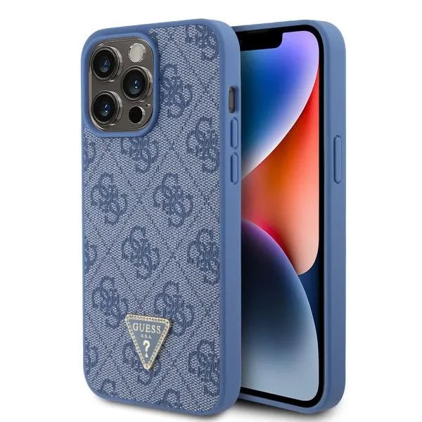 LICENSED GUESS GUESS maska za iPhone 15 Pro Max LEATHER 4G TRIANGLE STRASS/ plava
