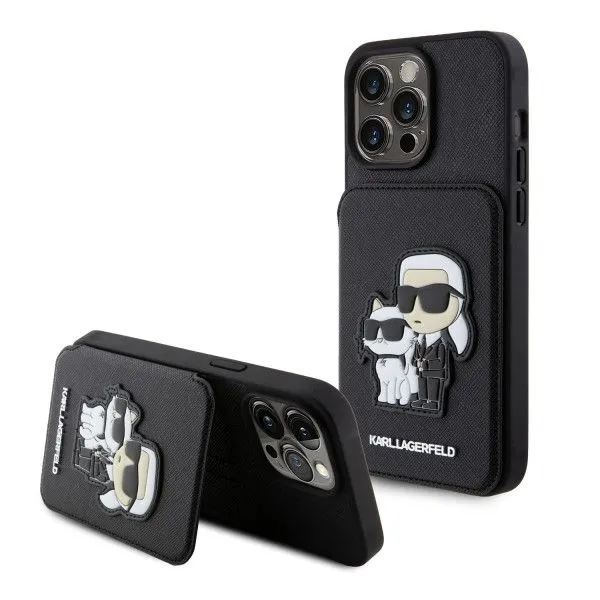 LICENSED KARL LAGERFELD Maska za iPhone 15 Pro Max SAFFIANO CARDSLOTS AND STAND K&C PATCH/ crna