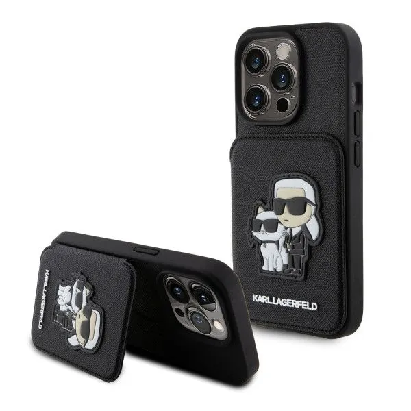 LICENSED KARL LAGERFELD Maska za iPhone 15 Pro SAFFIANO CARDSLOTS AND STAND K&C PATCH/ crna
