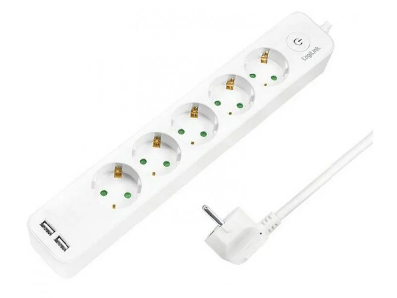 LOGILINK Produžni kabl 5 mesta, 2 USB, prekidač 1,5m, beli (4783)