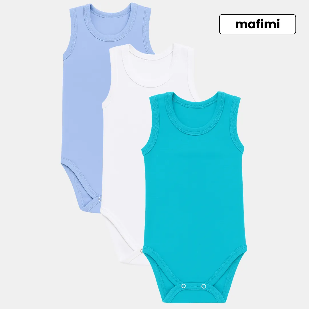 Mafimi Pamučni Bodići Atlet za bebe i decu set od 3 - plava/ bela/ tirkiz