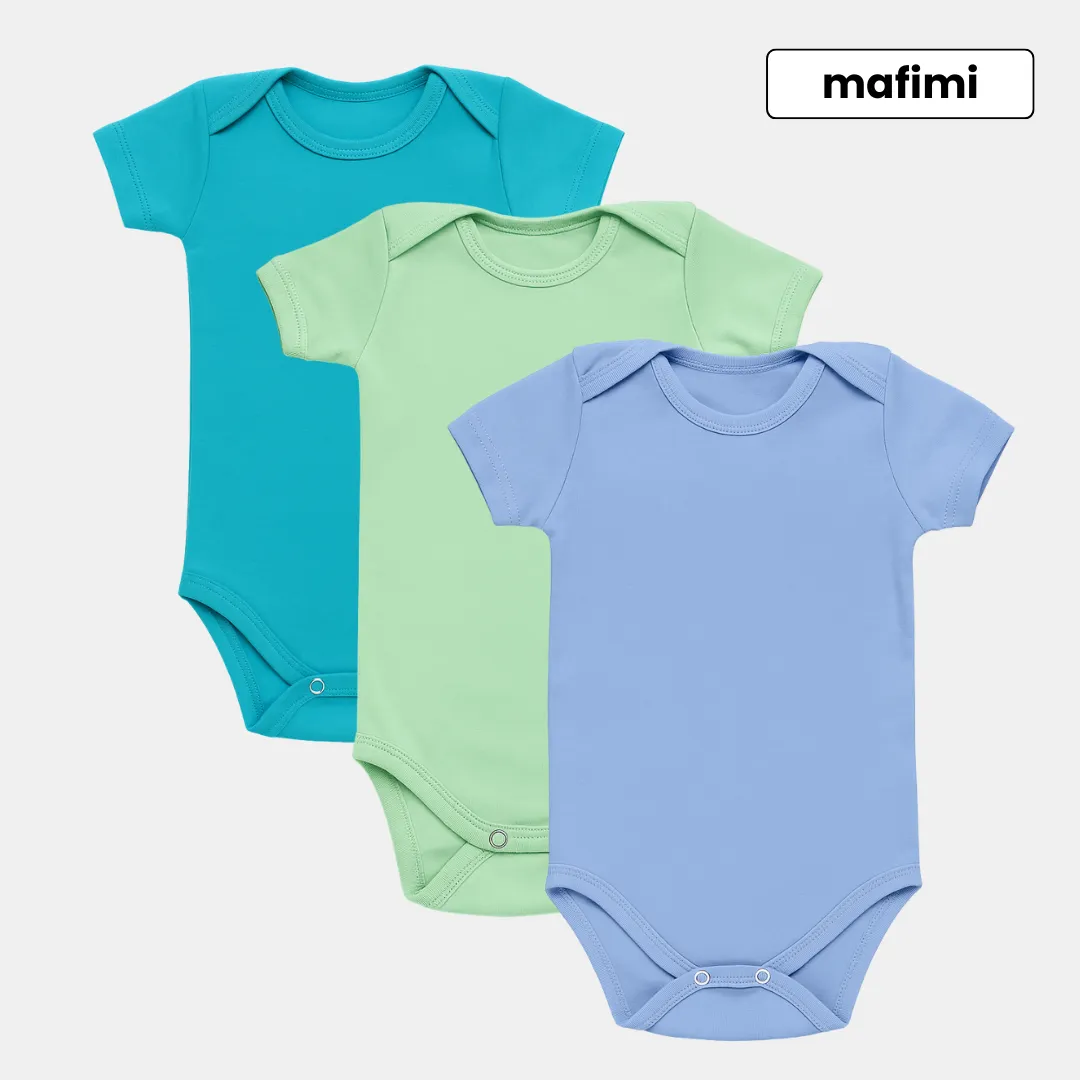 Mafimi Pamučni Bodići kratak rukav za bebe i decu set od 3 - Tirkiz/ Mint/ Plava
