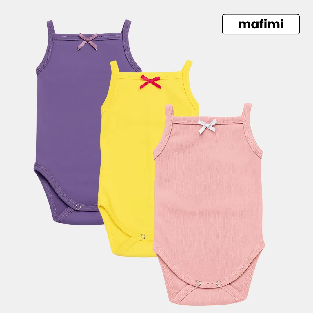Mafimi Pamučni Bodići na bretele za bebe i decu set od 3 - ljubičasta/ žuta/roze