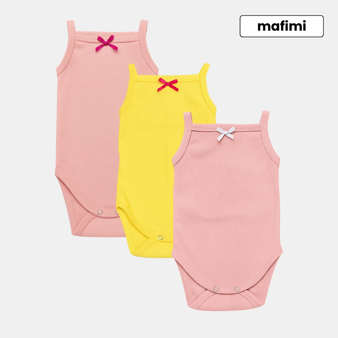 Mafimi Pamučni Bodići na bretele za bebe i decu set od 3 - roze/ žuta/ puder