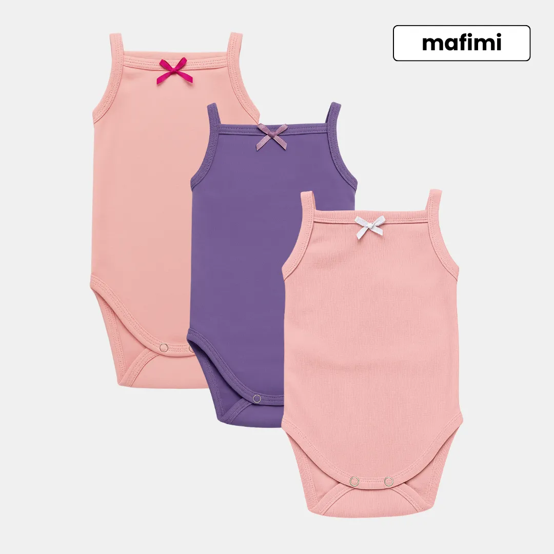 Mafimi Pamučni Bodići na bretele za bebe i decu set od 3 - roze/ ljubičasta/ puder
