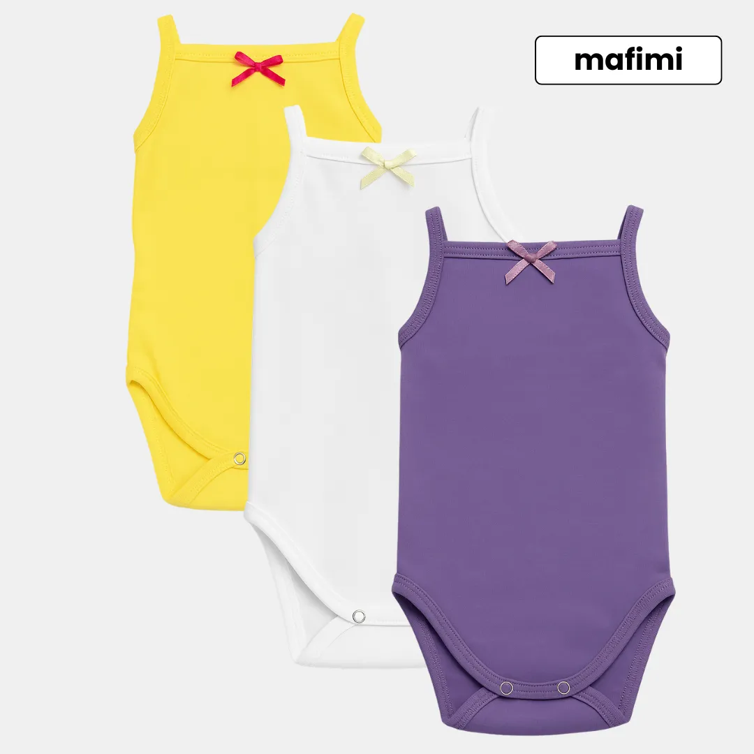 Mafimi Pamučni Bodići na bretele za bebe i decu set od 3 - žuta/ bela/ ljubičasta
