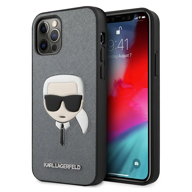 Maska za iPhone 12 Pro Max 6.7 Karl Lagerfeld Hc PU Saffiano Head srebrna (KLHCP12LSAKHSL)