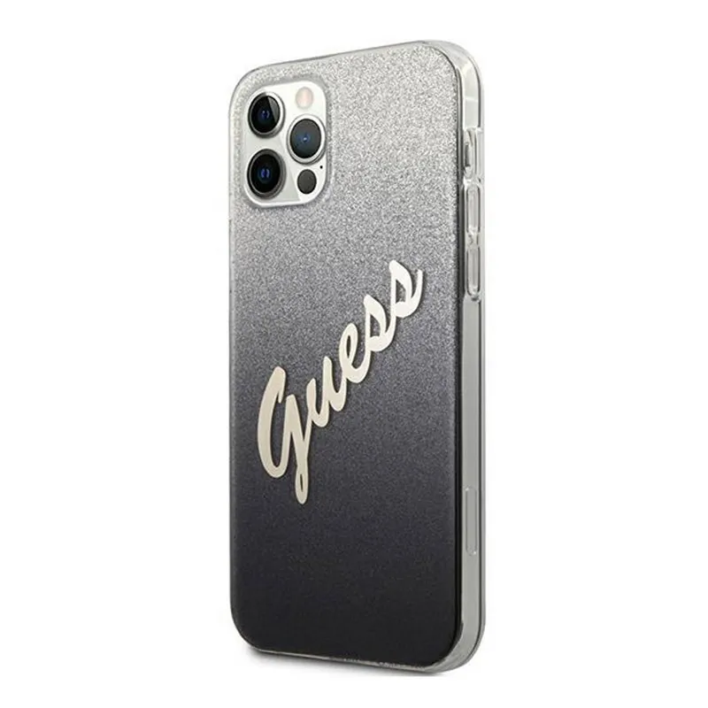 Maska za iPhone 12 Pro Max crna Guess Faceplate Glitter Gradient Script
