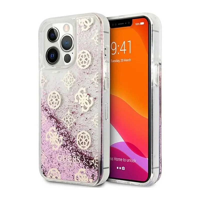 Maska za iPhone 13 Pro 6.1 Guess Hc Liquid Glitter Peony roze (GUHCP13LLGPEPI)