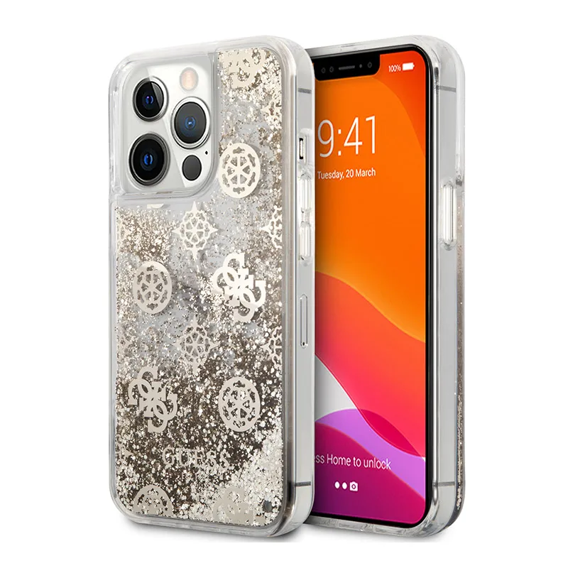 Maska za iPhone 13 Pro 6.1 Guess Hc Liquid Glitter Peony zlatna (GUHCP13LLGPEGO)