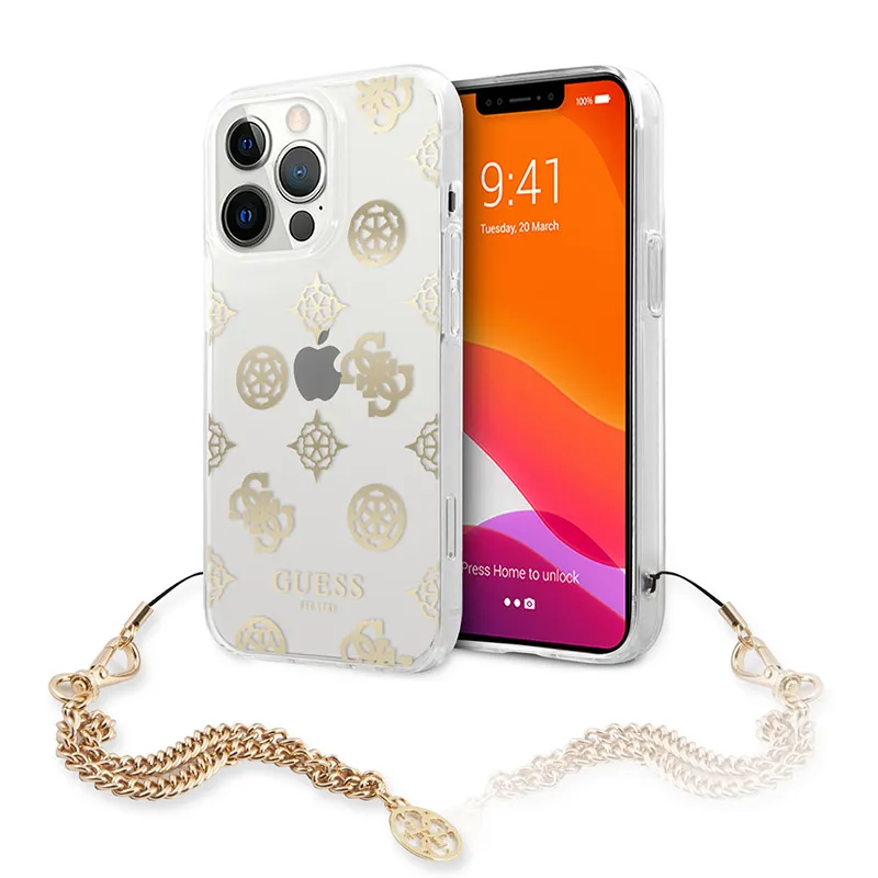 Maska za iPhone 13 Pro 6.1 Guess Hc Pc Chain Handle Peony zlatna (GUHCP13LKSPEGO)