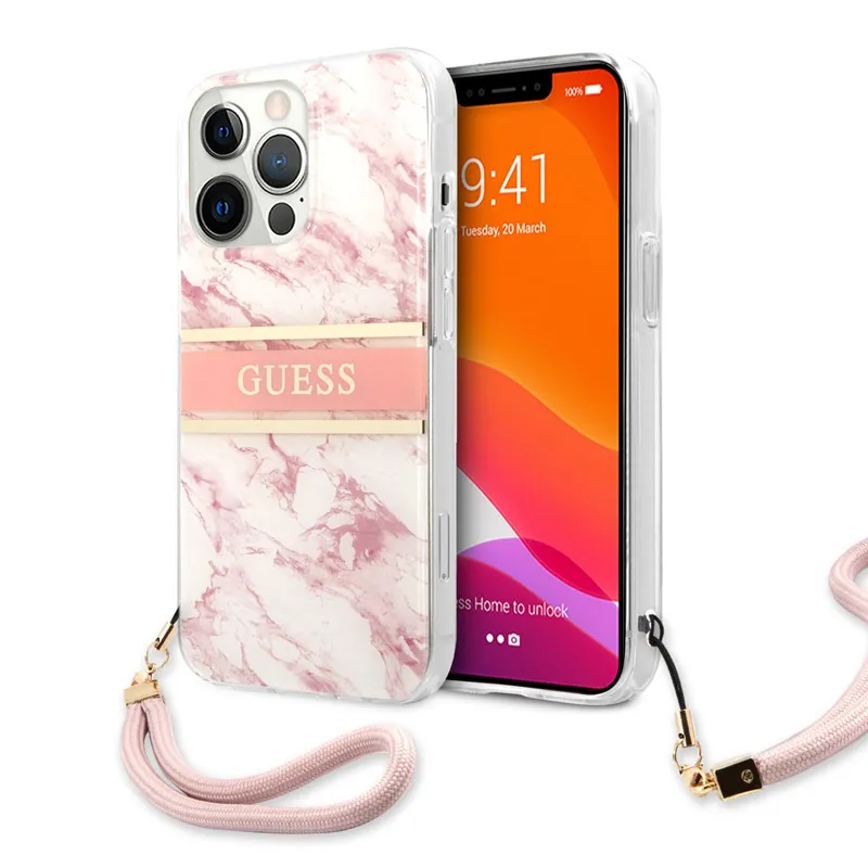 Maska za iPhone 13 Pro 6.1 Guess Marble Strap roze (GUHCP13LKMABPI)