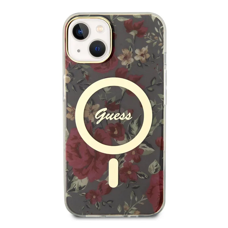 Maska za iPhone 14 Kaki Guess PC/TPU Flowers IML MagSafe