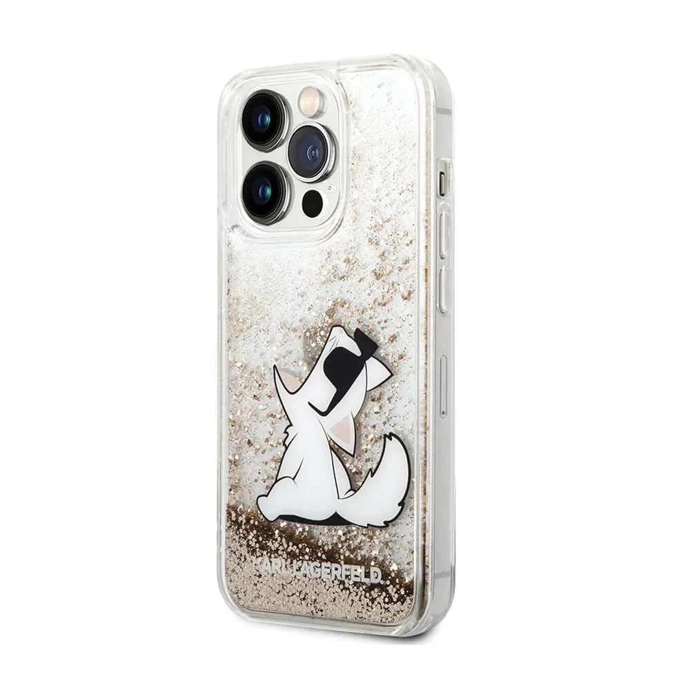 Maska za iPhone 14 Pro 6.1 Karl Lagerfeld Hc Liquid Glitter Choupette zlatna (KLHCP14LGCFD)