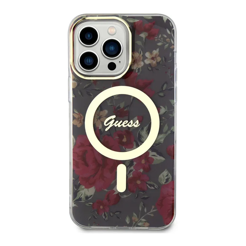 Maska za iPhone 14 Pro Kaki Guess PC/TPU Flowers IML MagSafe Compatible