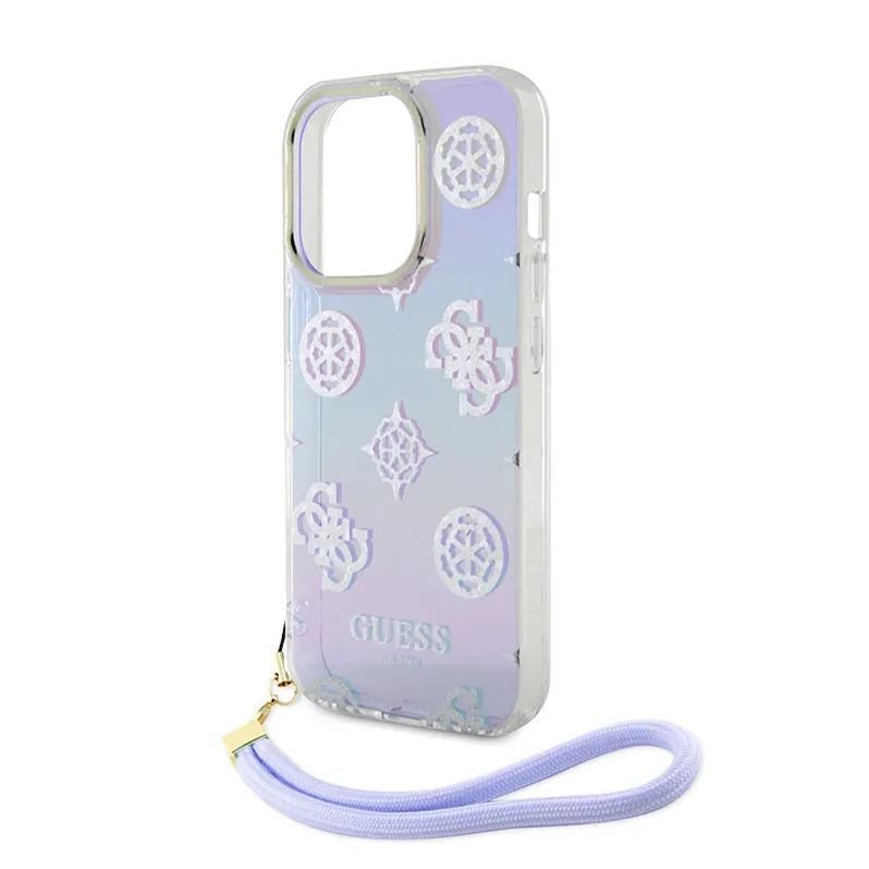 Maska za iPhone 15 6.1 Guess Hc PC TPU Iridescent Glitter Pattern Peony Cordstrap/ ljubičasta