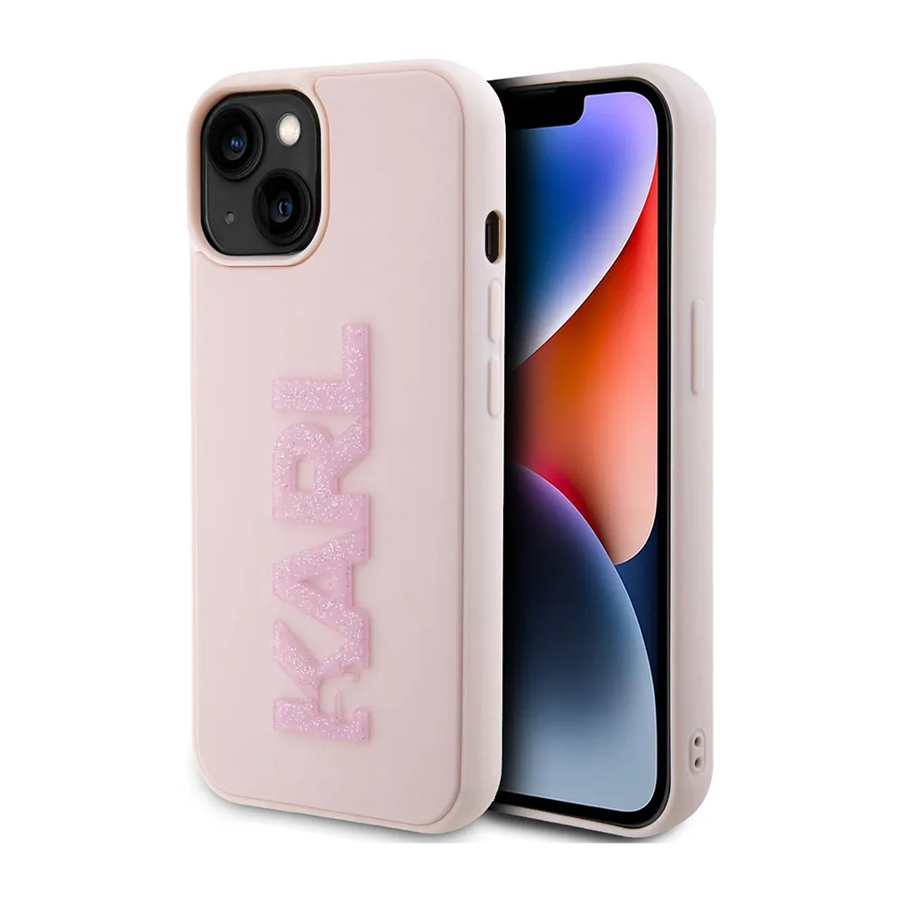 Maska za iPhone 15 6.1 Karl Lagerfeld 3D Rubber Glitter Logo roze (KLHCP15S3DMBKCP)