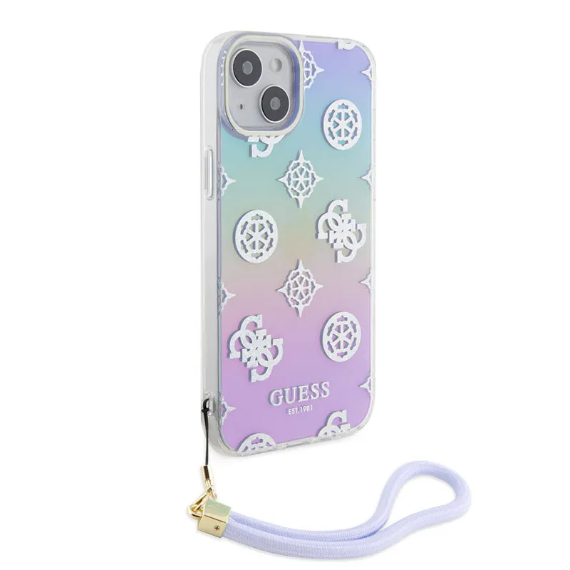 Maska za iPhone 15 Guess Hc PC TPU Iridescent Glitter Pattern Peony Cordstrap ljubičasta