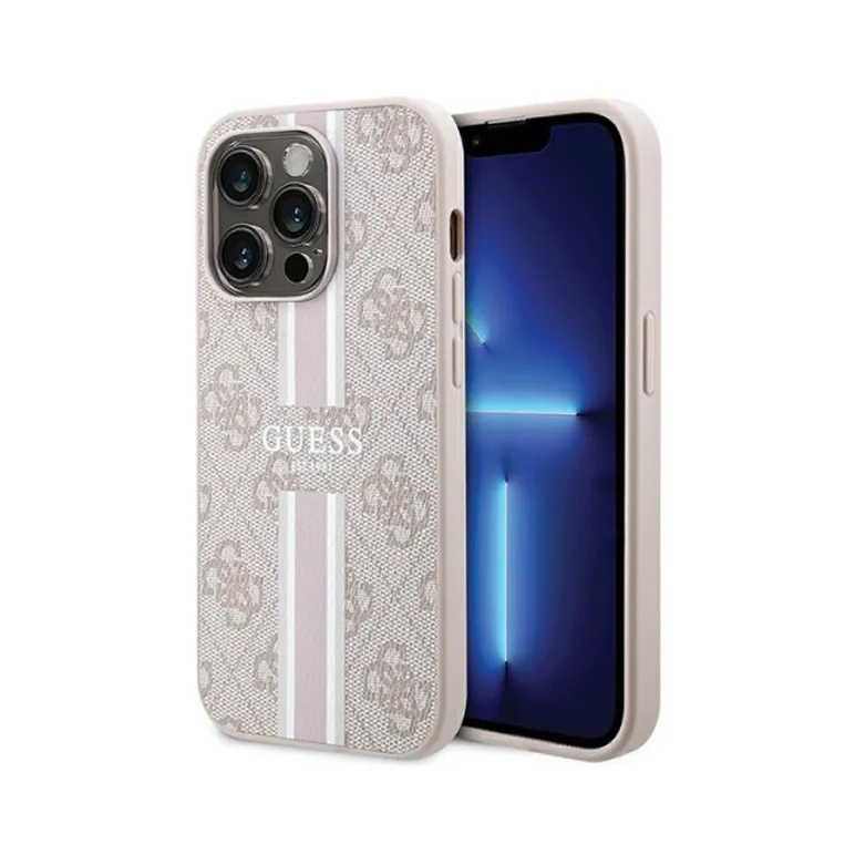 Maska za iPhone 15 Pro 6.1 Guess Magsafe 4G Pu Printed Stripes roze (GUHMP15LP4RPSP)