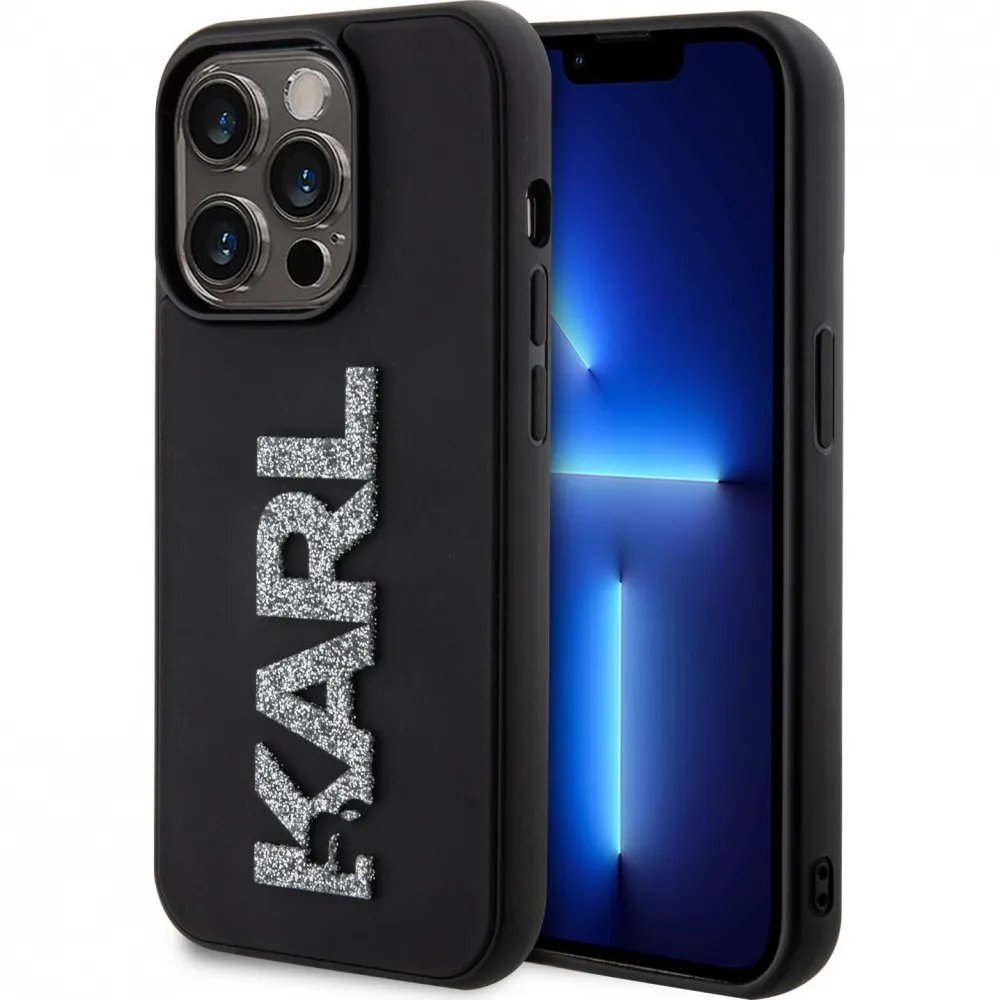 Maska za iPhone 15 Pro 6.1 Karl Lagerfeld Hc 3D Logo Glitter crna (KLHCP15L3DMBKCK)