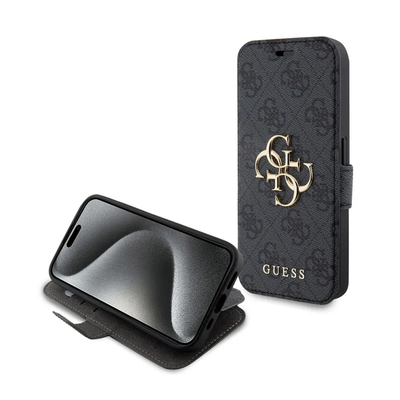 Maska za iPhone 15 Pro Guess Bk Pu leather 4G Metal Logo siva