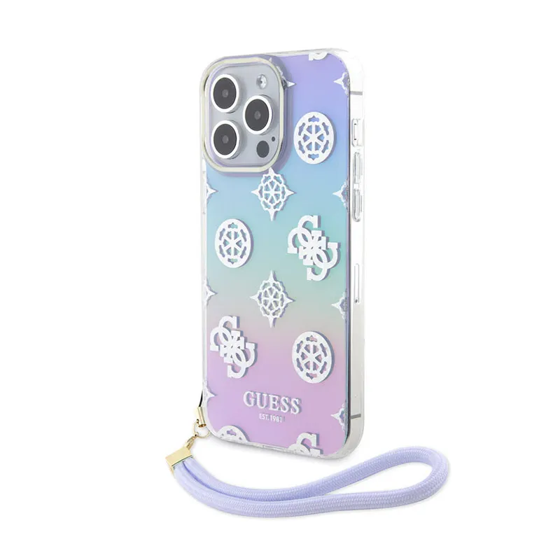 Maska za iPhone 15 Pro Guess Hc PC TPU Iridescent Glitter Pattern Peony Cordstrap ljubičasta