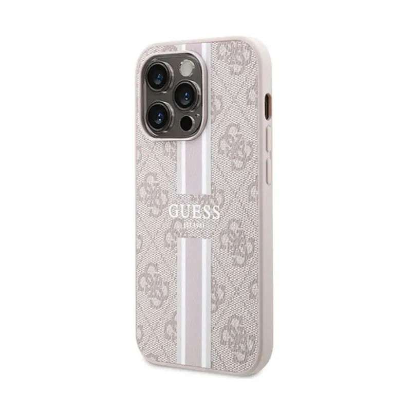 Maska za iPhone 15 Pro Guess MagSafe 4G Pu Printed Stripes roze