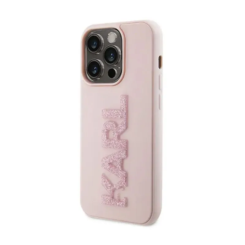 Maska za iPhone 15 Pro Karl Lagerfeld 3D Rubber Glitter Logo roze