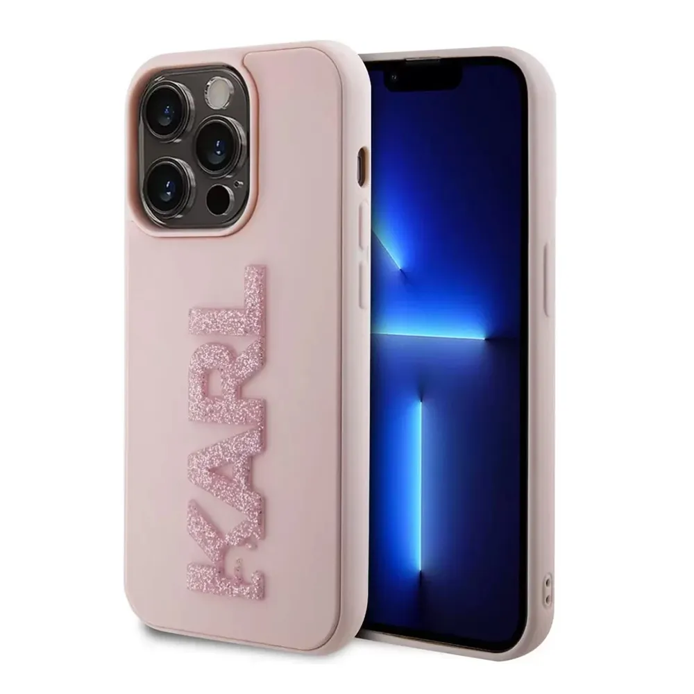 Maska za iPhone 15 Pro Max 6.7 Karl Lagerfeld 3D Rubber Glitter Logo roze (KLHCP15X3DMBKCP)