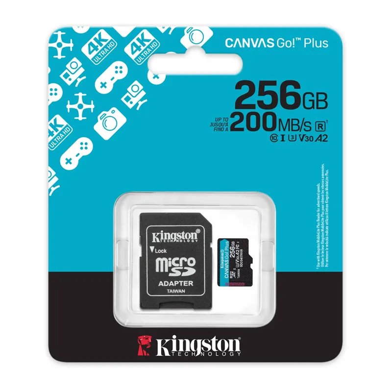 Micro SD kartica Kingston 256GB/ Canvas Go! Plus/ Class10 UHS-I U3 V30 A2/ Read up to 200MB/160MB s/ for 4K and FullHD video recording adapter