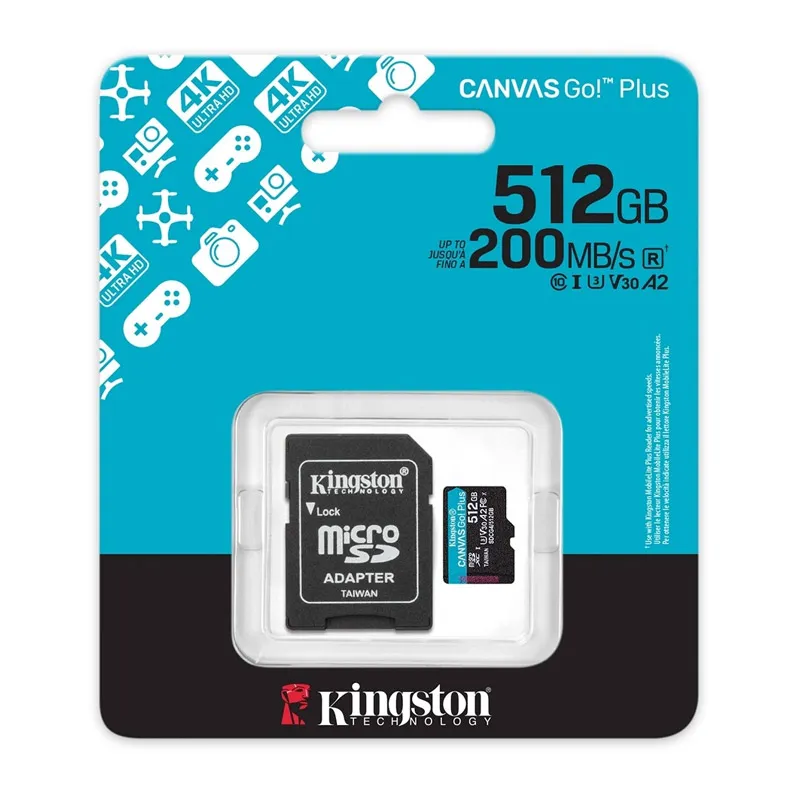 Micro SD kartica Kingston 512GB/ Canvas Go! Plus/ Class10 UHS-I U3 V30 A2/ Read up to 200MB/160MB s/ for 4K and FullHD video recording adapter
