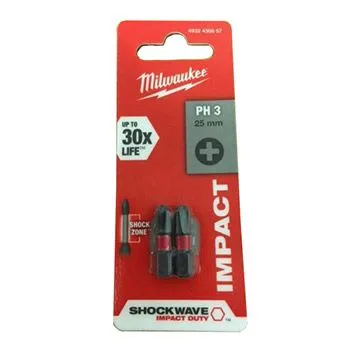 MILWAUKEE Udarni bitovi PH SHOCKWAVE ojačani 1/4" PH3 (set od 2 kom)