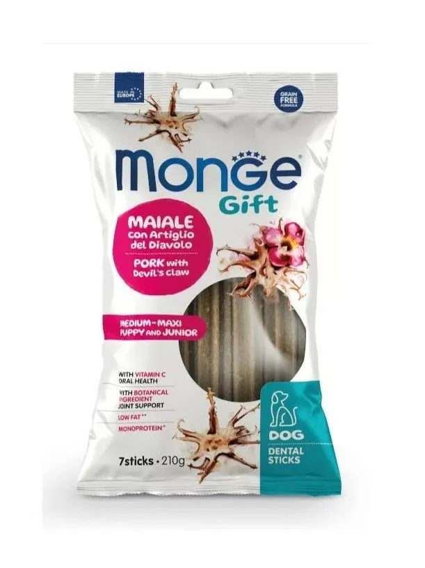 MONGE Dentalna poslastica Medium & Maxi Puppy & Junior Pork with Devil’S Claw 210g