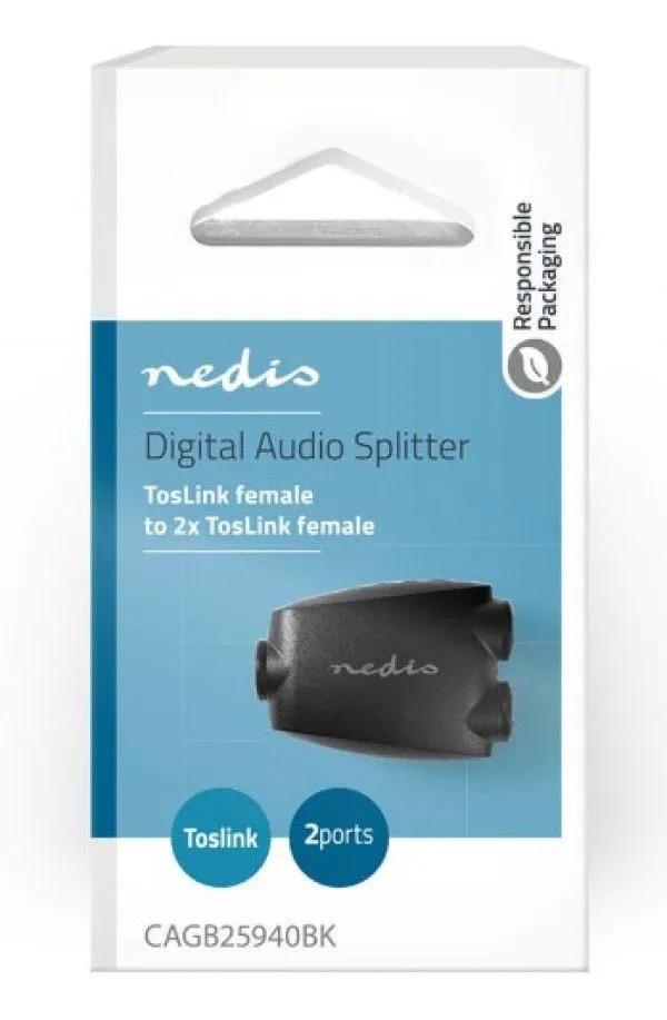 NEDIS Spliter CAGB25940BK, TosLink zenski na 2x TosLink zenski adapter, crna