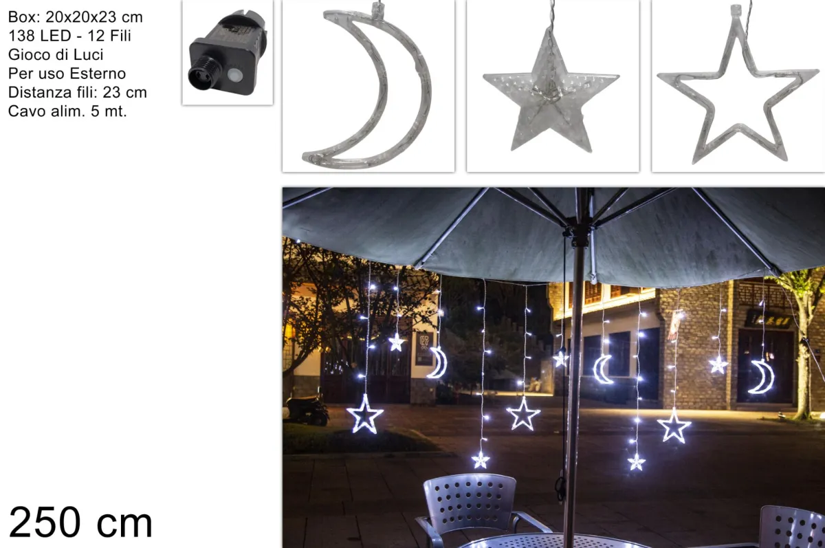 Novogodišnja svetleća LED zavesa mesec i zvezde 2/5m/ 138 LED dioda/ hladno belo svetlo