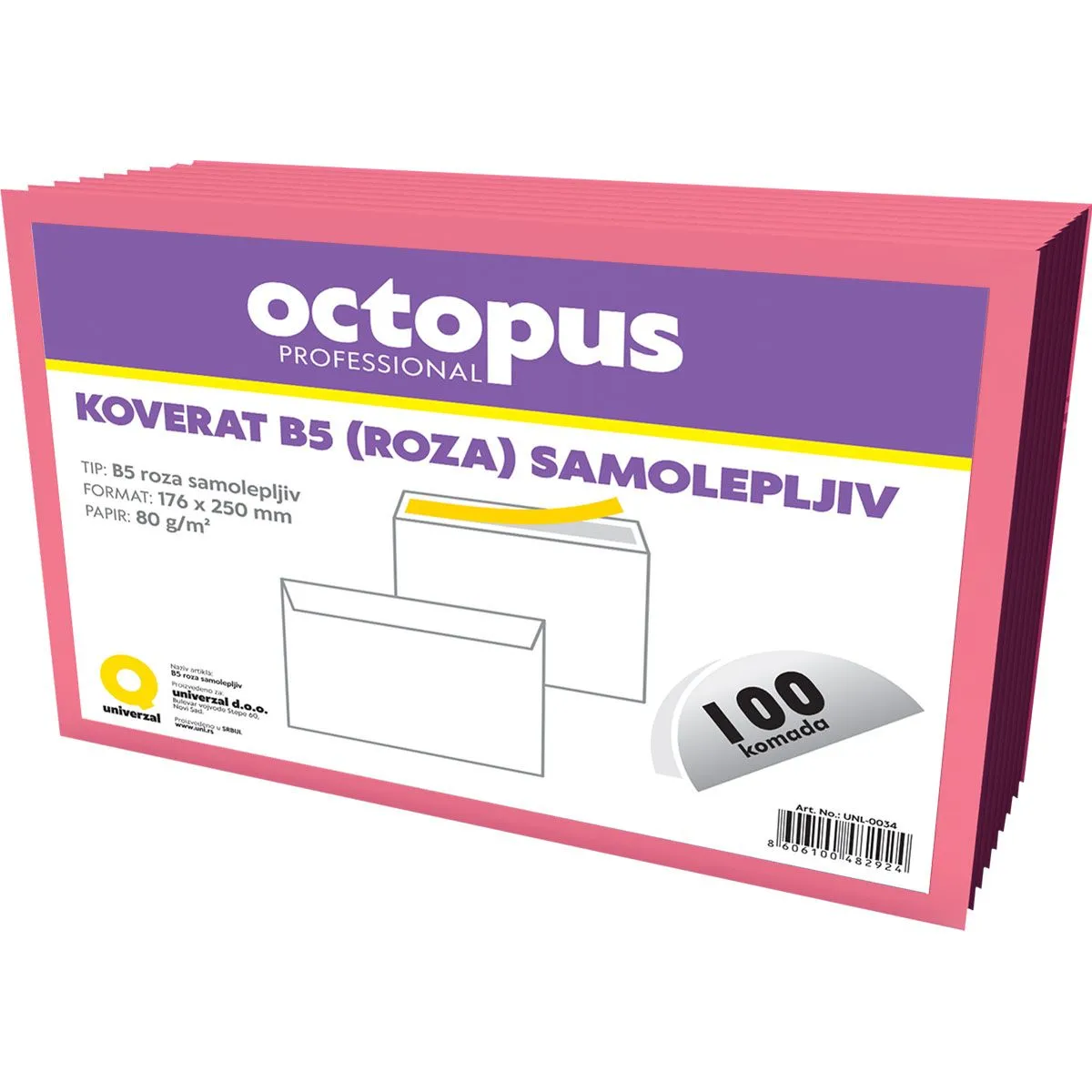 OCTOPUS Koverat b5 rozi 100/1 samolepljivi  unl-0034