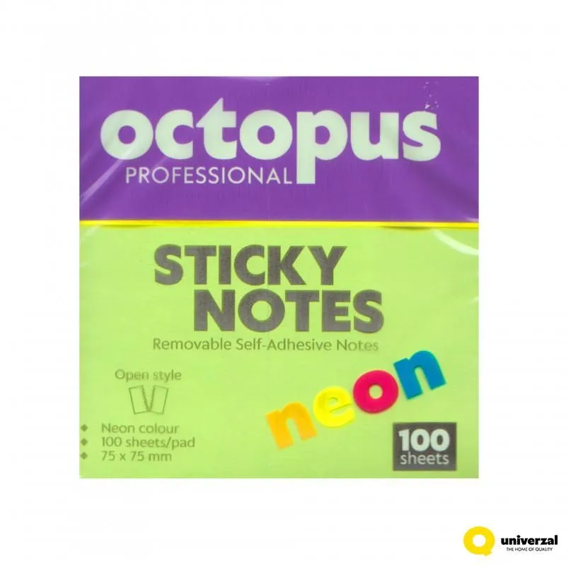 OCTOPUS Samolepljivi blok 75x75mm 100 lista neon zeleni unl-2044