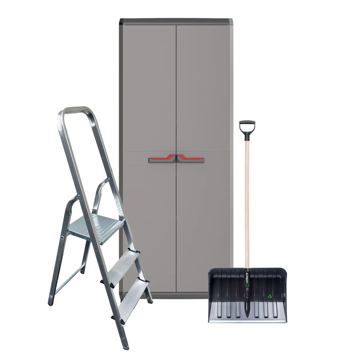 Plastični ormar za terasu 68x39x173 + ALU Merdevine/ 3 gazišta + Lopata za sneg/ drvena drška