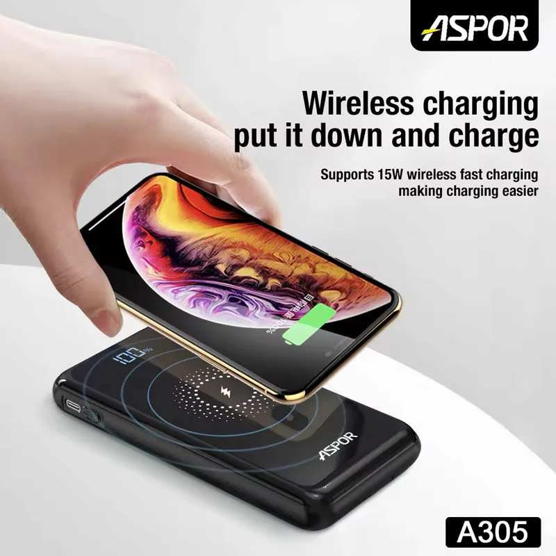 Power Bank wireless + 3u1 Aspor A305 PD 10000 mAh crna