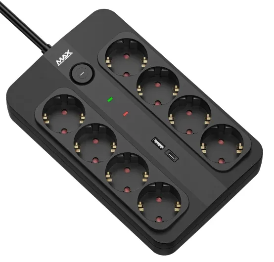 Produžni kabl sa prenaponskom zaštitom sa 8 utičnica MAX MPS-908SB-3M/3m/USB A & USB C port