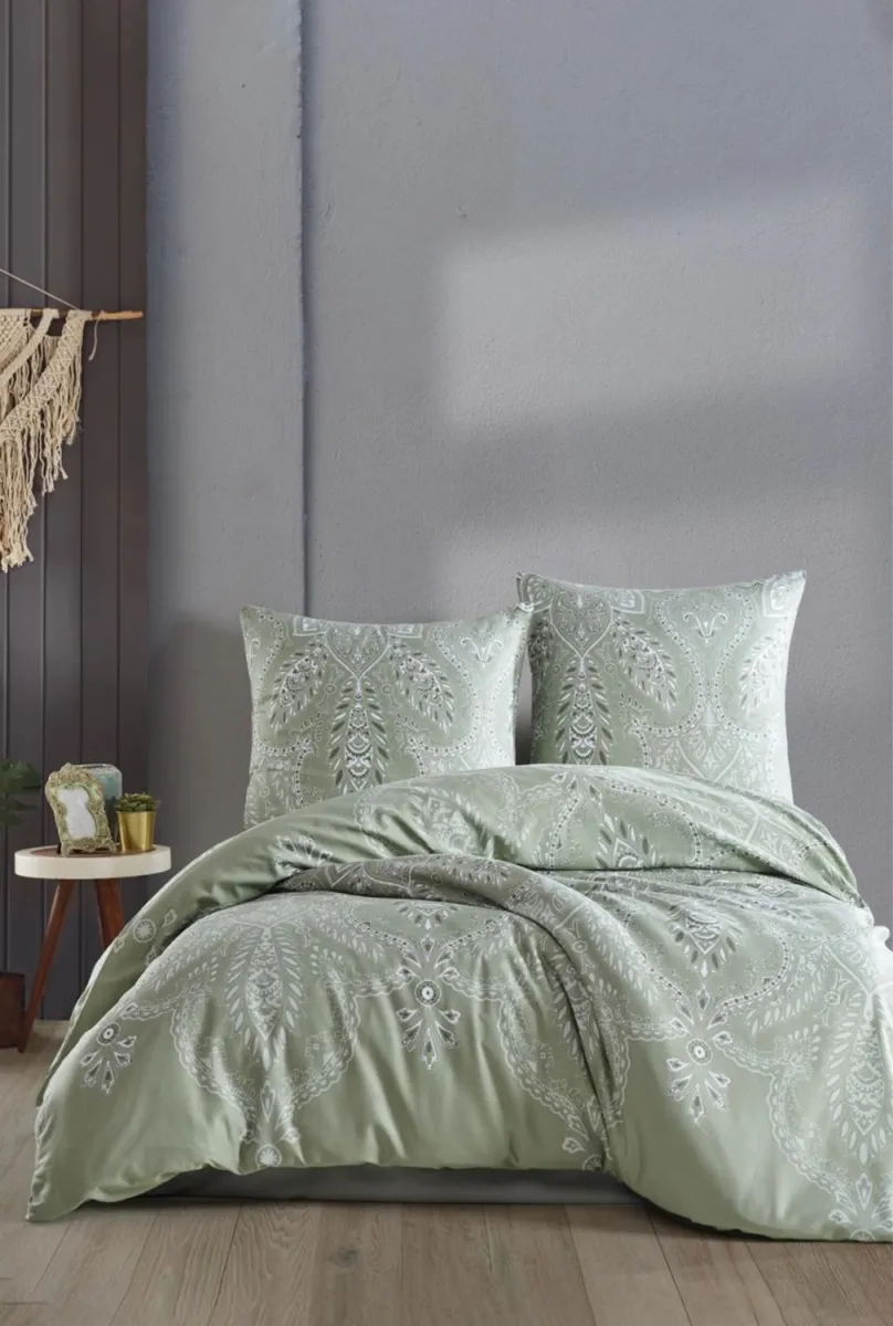 STEFAN Set posteljina 200x200cm saten-pamuk Zeleni ornamenti