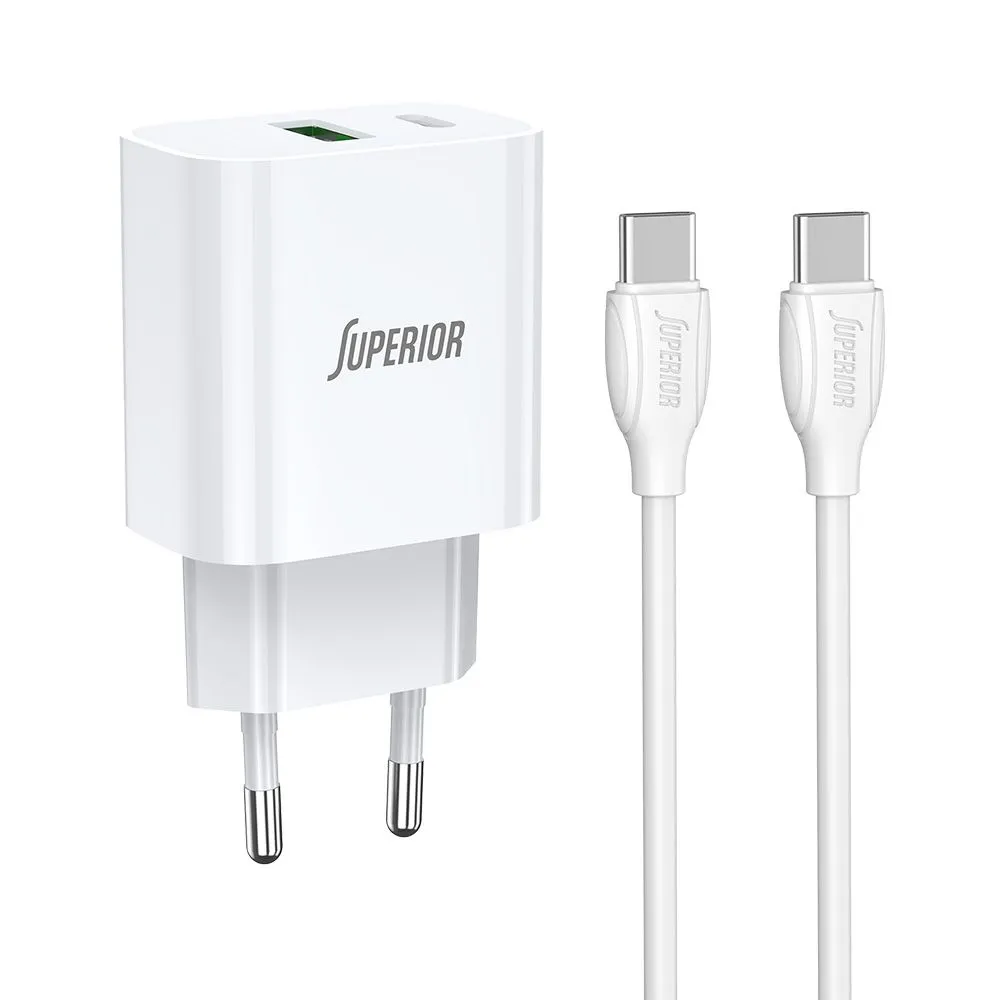 SUPERIOR Kućni punjač SU-P102 20W USB A+Type C sa Type C na Type C kablom, bela