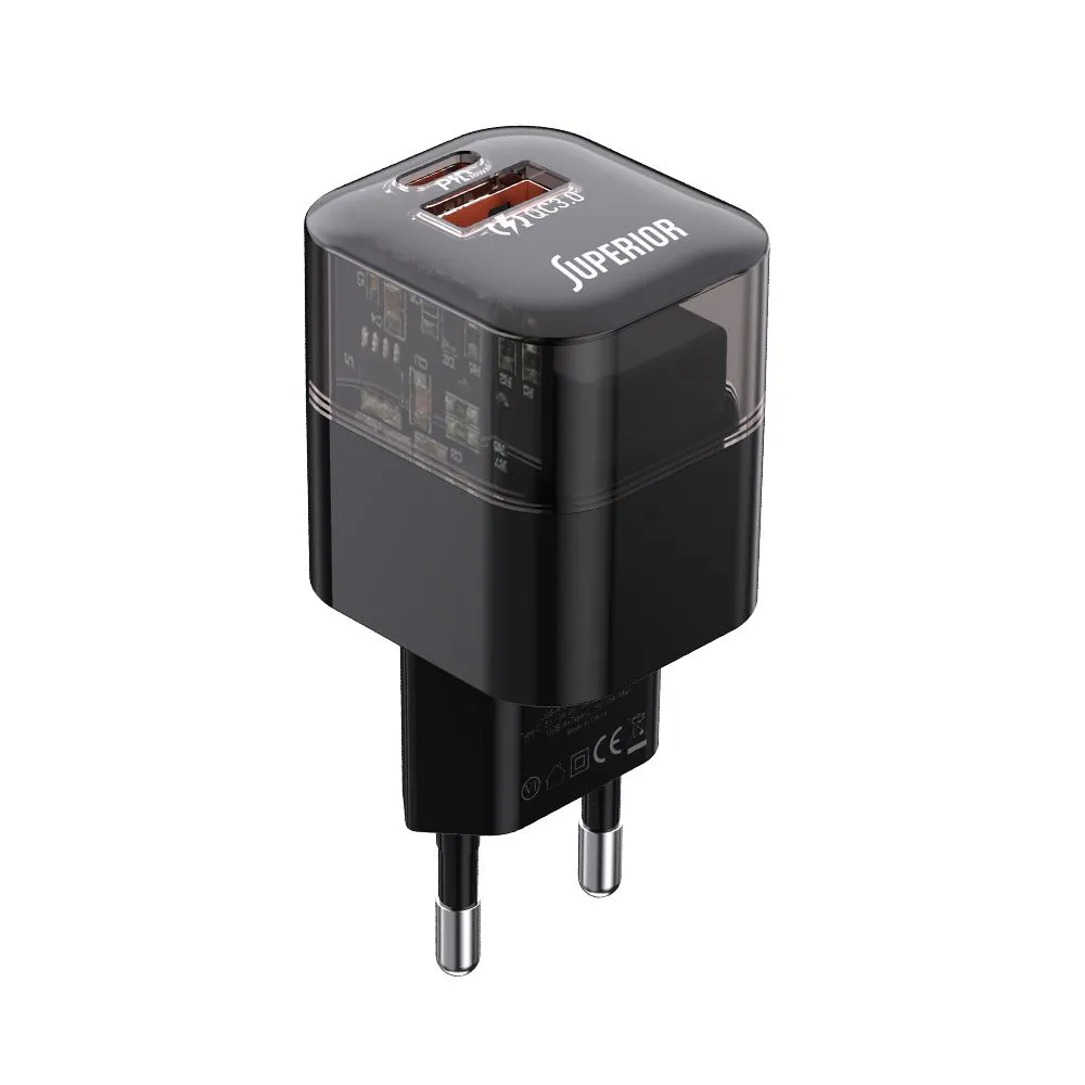 SUPERIOR Kućni punjač SU-P105 30W USB A+Type C, crna